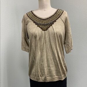 St. John Gold Shimmer Beaded Lightweight Knit Sweater Women’s P 4 S EUC